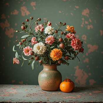 Een stilleven dahlia's  bouquet bloemen platteland in aardewerk vaas.