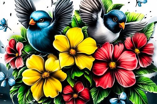 Kleurrijke bloemen en vogels