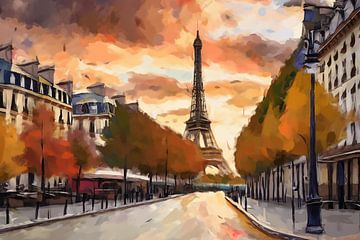 Parijs, Eiffeltoren en boulevard schilderij