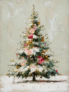 Klassischer Weihnachtsbaum mit rosa Blumen und Winterschnee im romantischen Ölgemälde-Stil