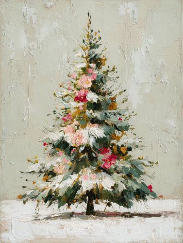 Arbre de Noël classique avec des fleurs roses et de la neige en hiver dans un style romantique de peinture à l'huile