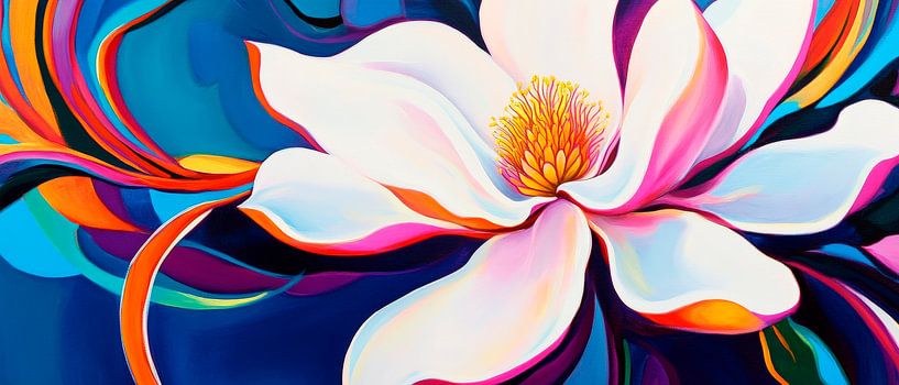Bunte Magnolie auf Blau – Abstrakt von Poster Art Shop