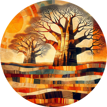 Collage baobabs in een Afrikaans landschap bij ondergaande zon van Lois Diallo