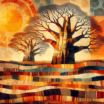 Collage Affenbrotbäume in einer afrikanischen Landschaft bei Sonnenuntergang von Lois Diallo