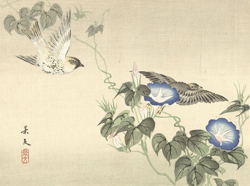 Zwei Vögel, die auf blaue Winde fliegen von Matsumura Keibun - 1892 von Gave Meesters