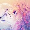 Léopard dans l'aube pleine de lune et de fleurs sur Eva Lee