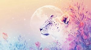 Leopard in der Morgendämmerung voller Mondlicht und Blumen