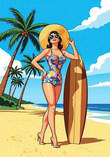 Vrouw met surfplank op strand, illustratie