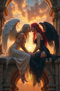 Fantasy Décoration Murale: MORRIGANIS - Baiser lesbien entre Ange et Démone