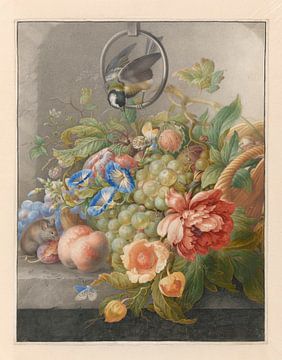 Still life with flowers, fruit, a great tit and a mouse, Herman Henstenburgh