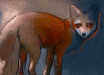 Impressionistisch vos schilderij met blauw en rood. Night fox. van Hella Maas