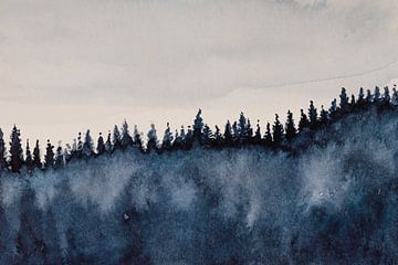 Naaldbos in de mist | Aquarel schilderij