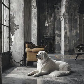 Chien des Pyrénées en décor industriel sur Karina Brouwer