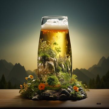 Verre de bière avec la nature, les montagnes et les fleurs sur NosDesign