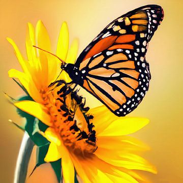 Monarch vlinder op zonnebloem van Maud De Vries