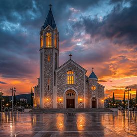 Église au coucher du soleil panorama artistique sur TheXclusive Art