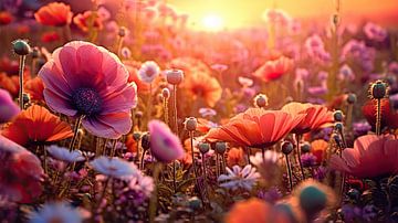 Red pink flower field at sunset by Vlindertuin Art