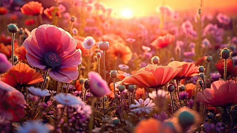Red pink flower field at sunset by Vlindertuin-Art