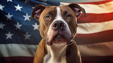 Portrait d'un pitbull américain avec le drapeau américain dans la main. sur Animaflora PicsStock