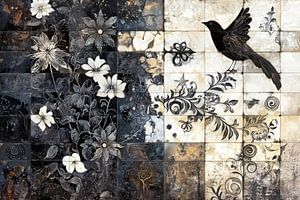 Collage aus klassischen Fliesen mit zarten Blumen und anmutigen Vögeln