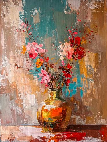 Japandi stilleven schilderij.  Bloemtakken op gouden vaas