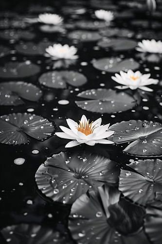 Photo en noir et blanc de nénuphars sur l'eau
