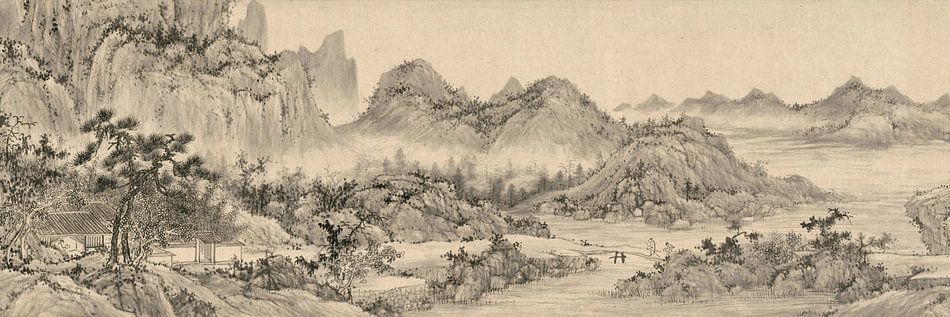 Chen Zongyuan,Een huis onder een klif, Chinees Landschap op canvas