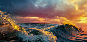Sonnenuntergang über dem Meer mit Welle, Illustration