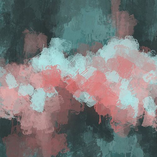 Modern abstract expressionistisch schilderij in pastelroze en groene kleuren.