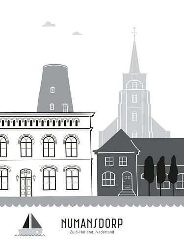 Skyline illustratie stad Numansdorp in zwart-wit-grijs