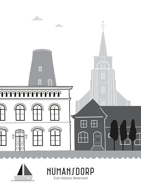 Illustration de la ligne d'horizon de la ville de Numansdorp en noir et blanc-gris par Mevrouw Emmer