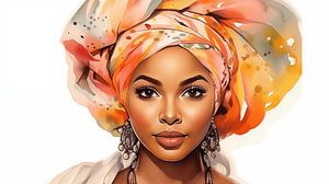 Porträt einer afrikanischen Frau mit lächelndem Aquarell-Kunstdesign und buntem Kopftuch