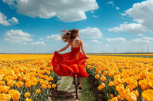 vrouw fietst door tulpenveld