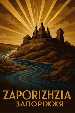 Poster de l'île de Zaporizhzhia Khortytsia - Ukraine Forteresse des cosaques &amp ; rivière