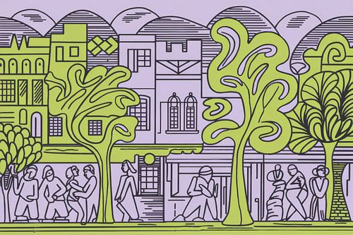 Stadsgezicht in lijn met figuren