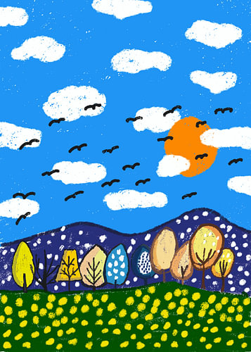 Naïve Folk Art Nature Landscape with Birds, Sun, and Trees