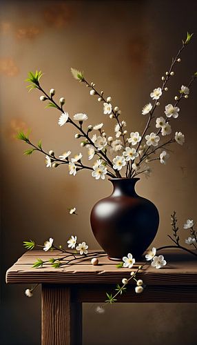 Vaas met Witte Bloesem op Houten Tafel – Rustiek Stilleven