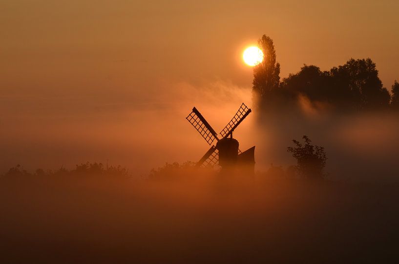 Nebliger Sonnenaufgang mit Windmühle von Martin Jansen