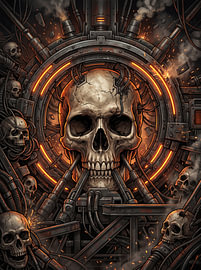 Biomechanical Skull Mechanical Portal Glowing Amber Engine Cyberpunk Dark Sci-Fi Graphic Design by Riswan Ratta