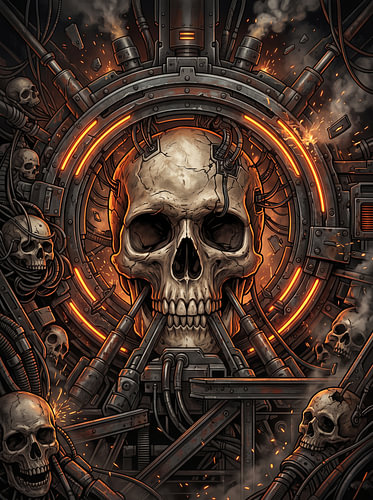 Biomechanischer Schädel, mechanisches Portal, leuchtender Bernstein, Motor, Cyberpunk, düstere Science-Fiction, Grafikdesign
