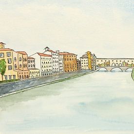 Ponte Vecchio , the 'secret bridge' in Florence (watercolor painting landscape Italy city Europe ) by Natalie Bruns