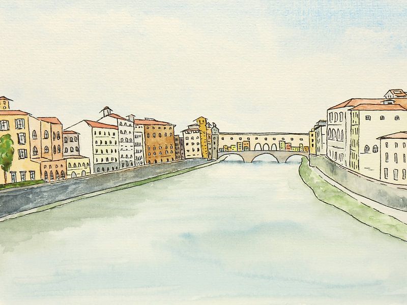 Ponte Vecchio , de 'geheime brug' in Florence (aquarel schilderij landschap Italië stad Europa ) van Natalie Bruns