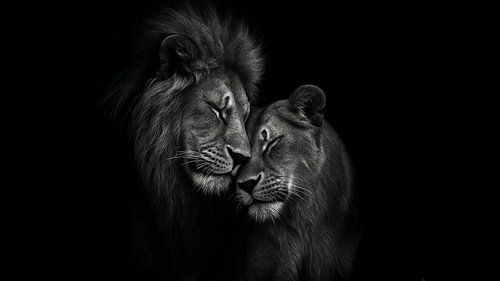 Intimate Moment of the Kings of the Savannah - Black and White Lion Portrait