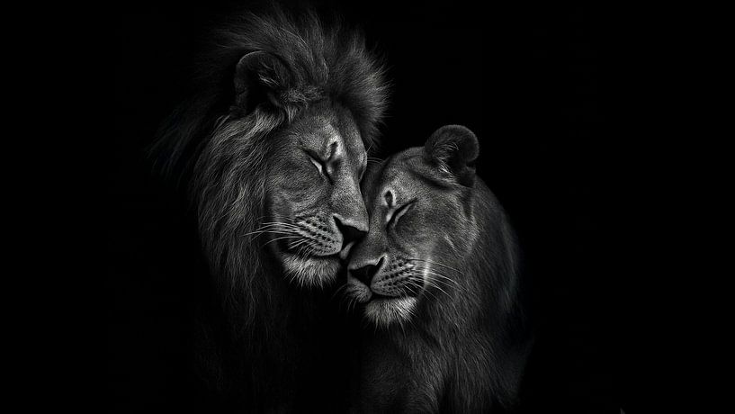 Intiem Moment van de Koningen der Savanne – Zwart-Wit Leeuwenportret van Retinas images
