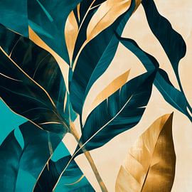 Gold and blue leaf design by Poster Art Shop
