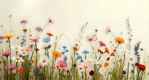 A field full of colourful spring flowers.