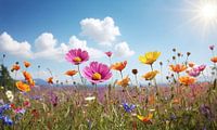 Een bloemenveld met een blauwe lucht op de achtergrond