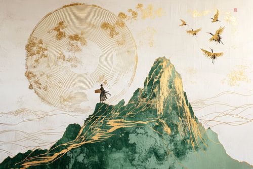 Bergen gehuld in gouden mist met een rijzende zon