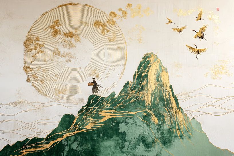 Montagnes enveloppées de brume dorée et soleil levant par Digitale Schilderijen