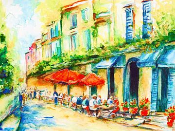Gezellig straatje in Frankrijk. Handgeschilderde aquarel van Ineke de Rijk